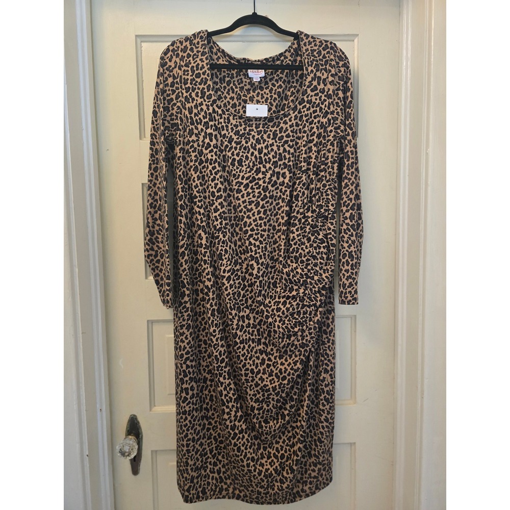 Isabel Maternity Leopard Print Ruched Midi Dress Brown Tan XXL NWT